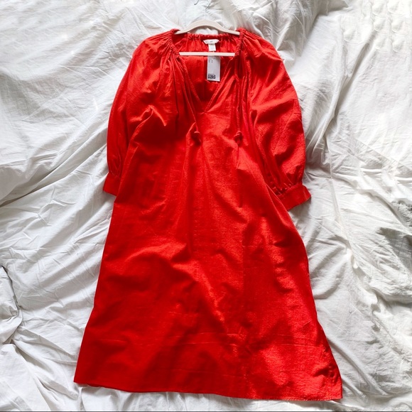 H&M bright Red Cotton Dress With Drawstring Mid Length Sz Small NWT - Picture 2 of 8